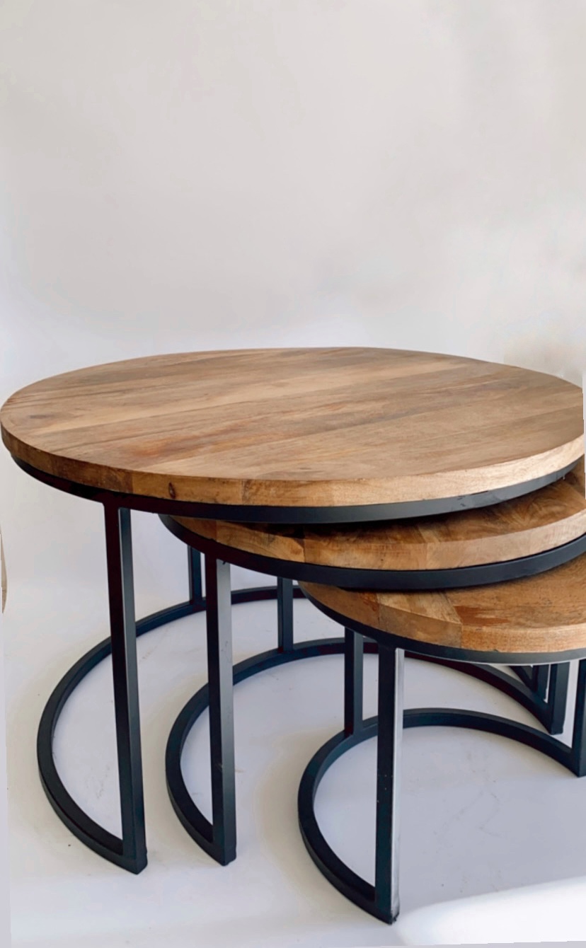 Three Sided Table Rounded Set/3 side tables Iron/wood round